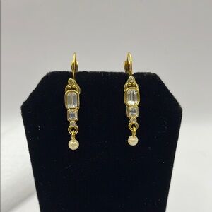 1928 Gold and White Linear Drop Earrings with Rhinestones